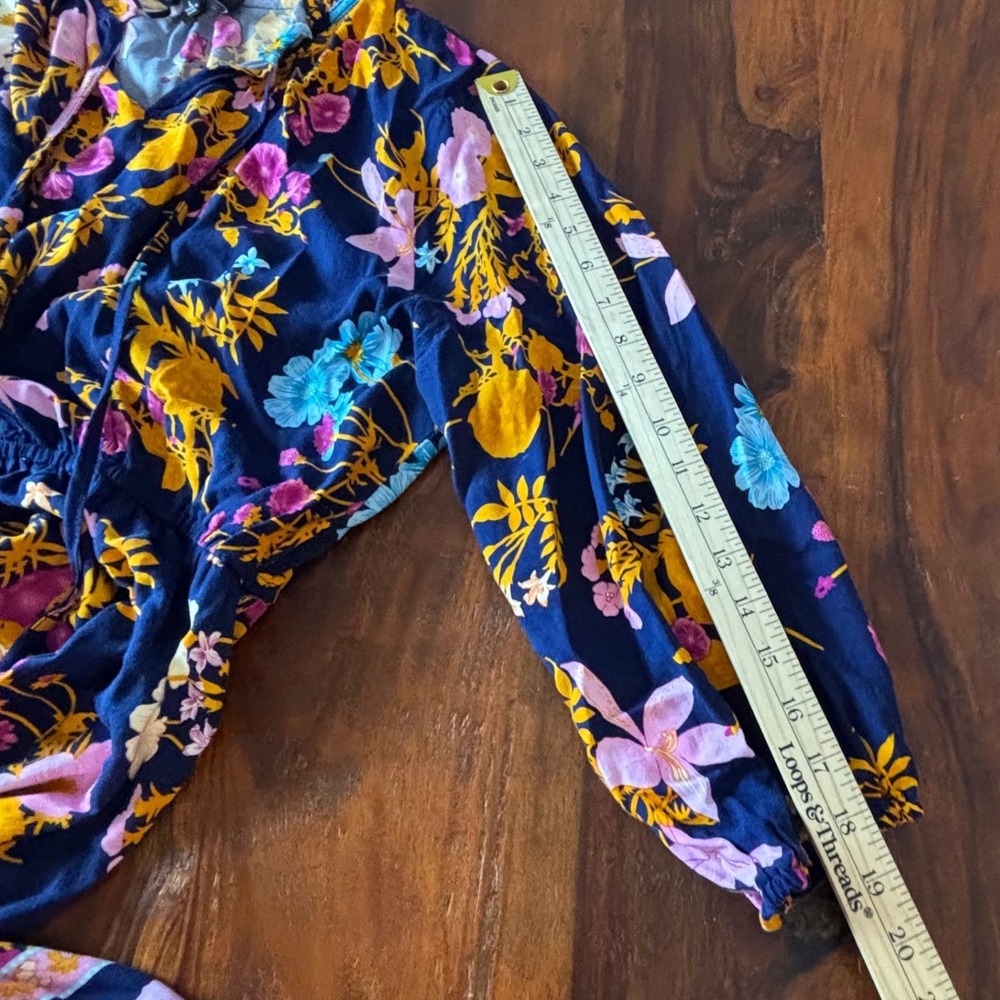 GIGIO Navy Blue Floral Boho High-Low Midi Dress Tie Neck 3/4 Sleeve Womens Large - Picture 6 of 10